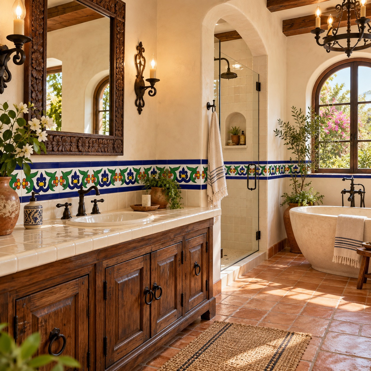 Cobalt leaf talavera border tile with medallion in a warm hacienda-style bathroom.