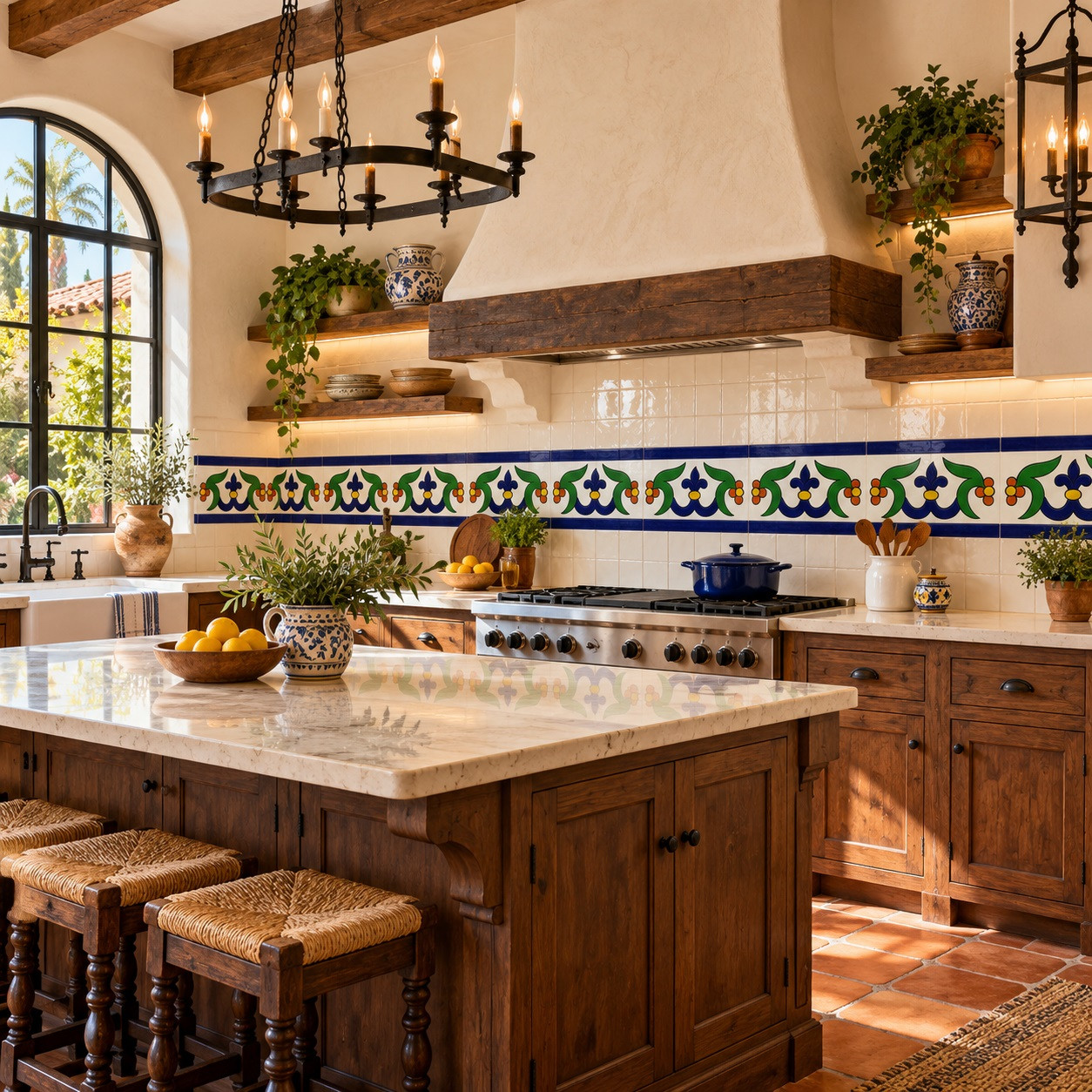 Cobalt leaf talavera border tile with medallion in a bright Spanish Revival kitchen.