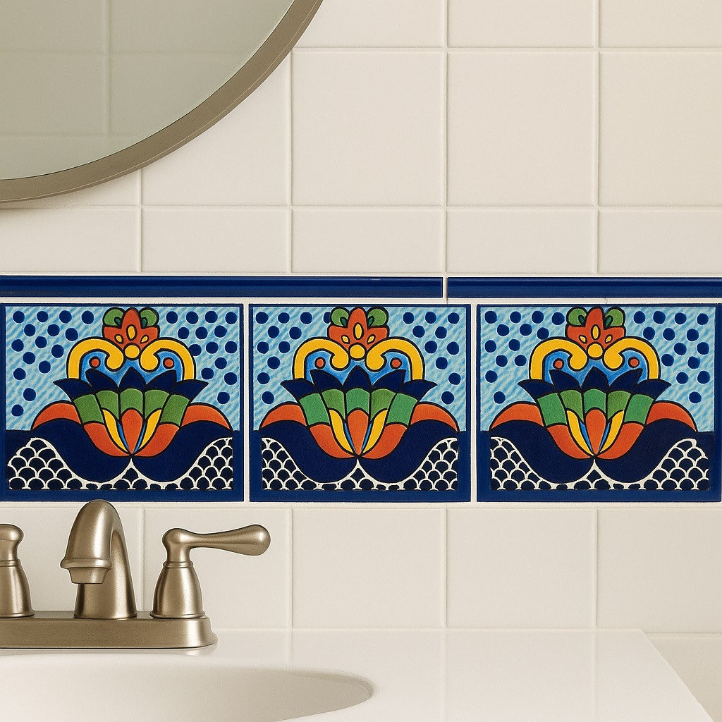 Talavera tile colorful scroll floral border design framing a bathroom wall with colorful floral scroll motifs