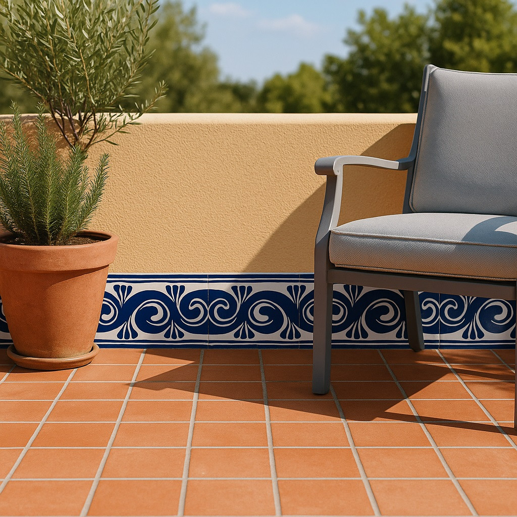 Talavera tile cobalt scroll border classic design decorating an outdoor patio wall with colonial Mexican charm