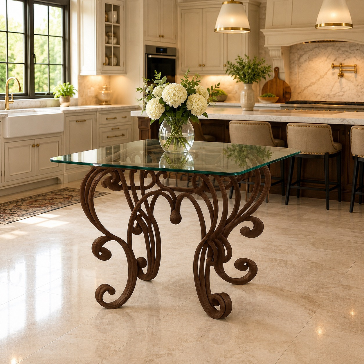Wrought iron table stand for round square tabletop in a luxury kitchen with a clear glass top