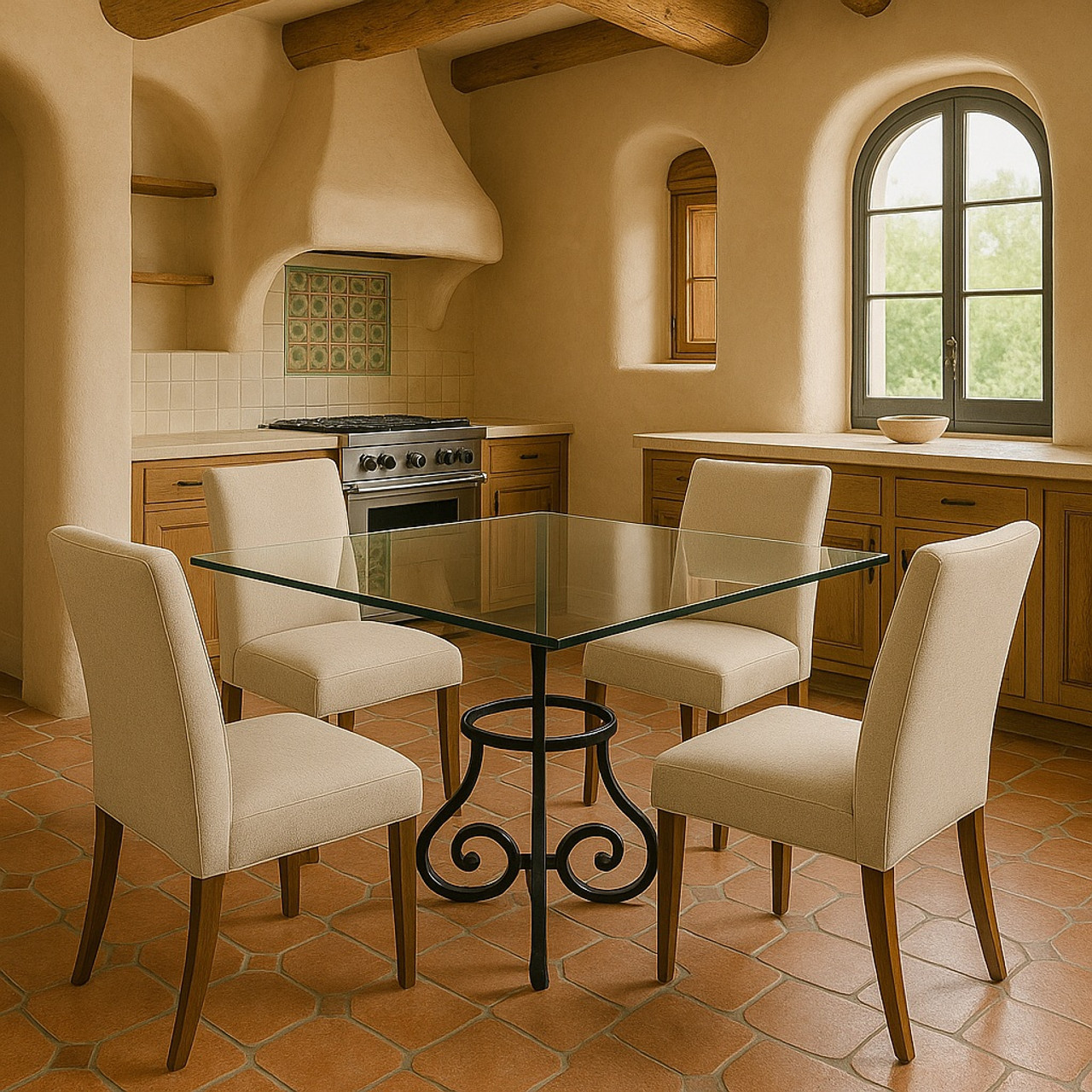 Wrought iron table base in Pueblo Revival kitchen