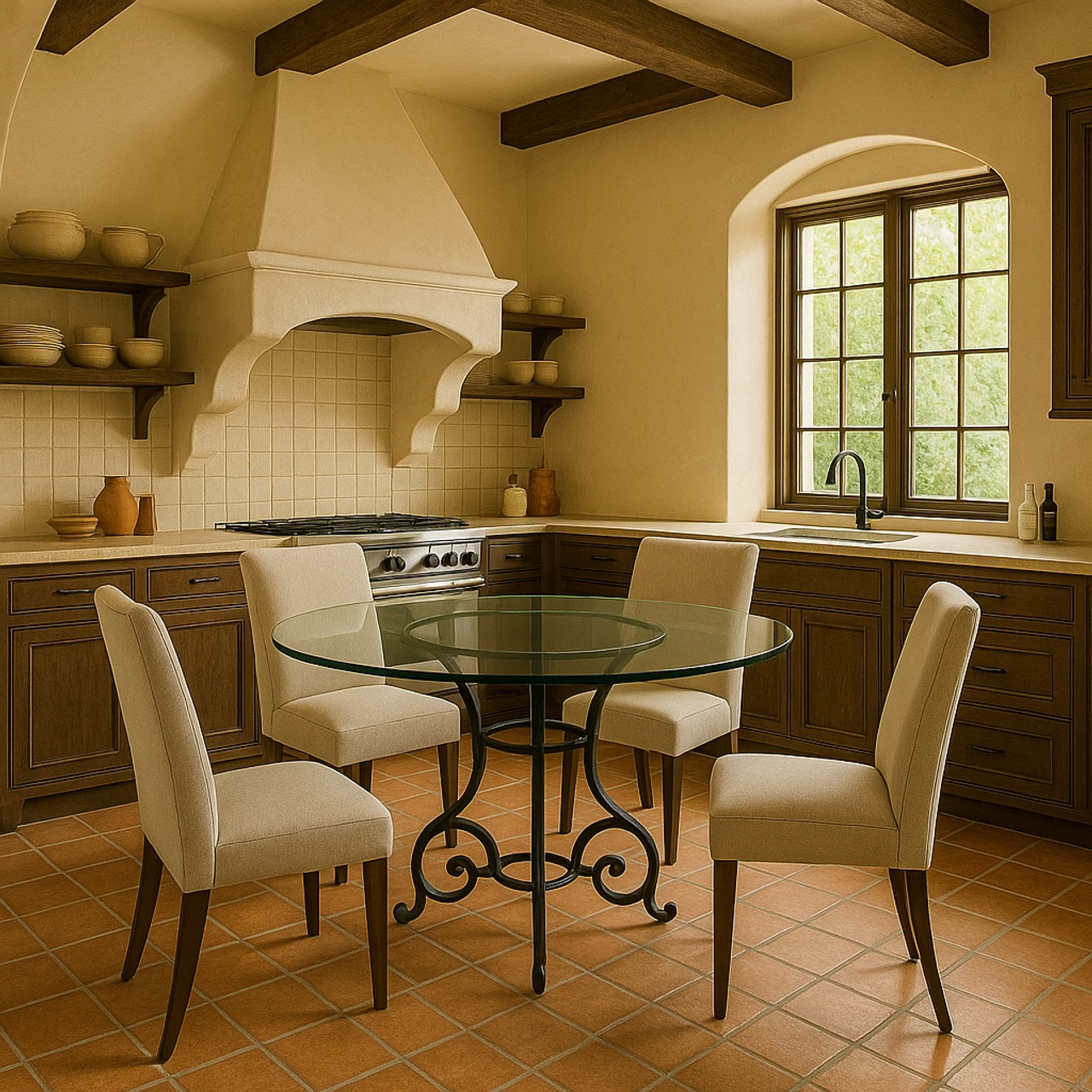 Wrought iron table base in Hacienda kitchen