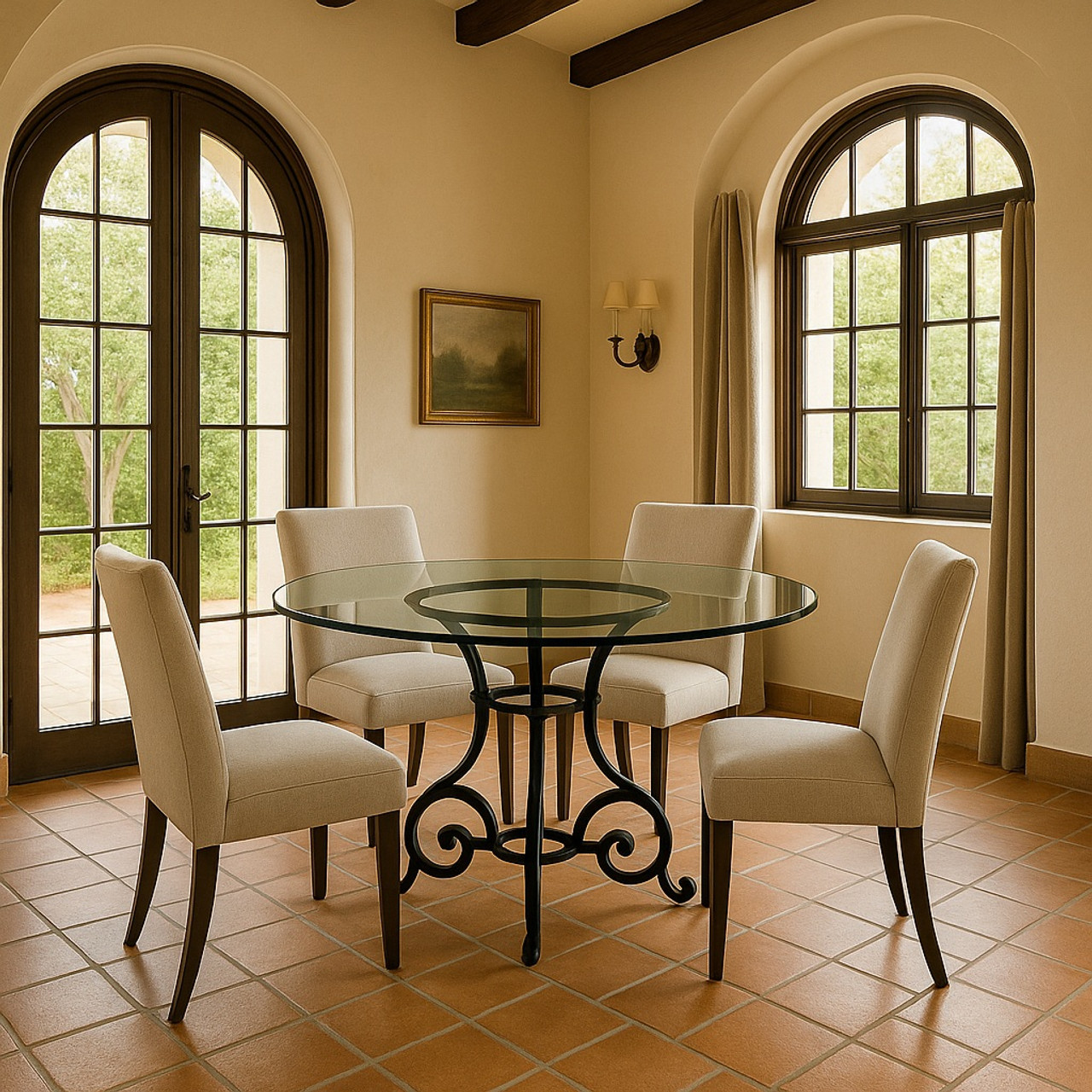 Wrought iron table base in Spanish Revival dining room