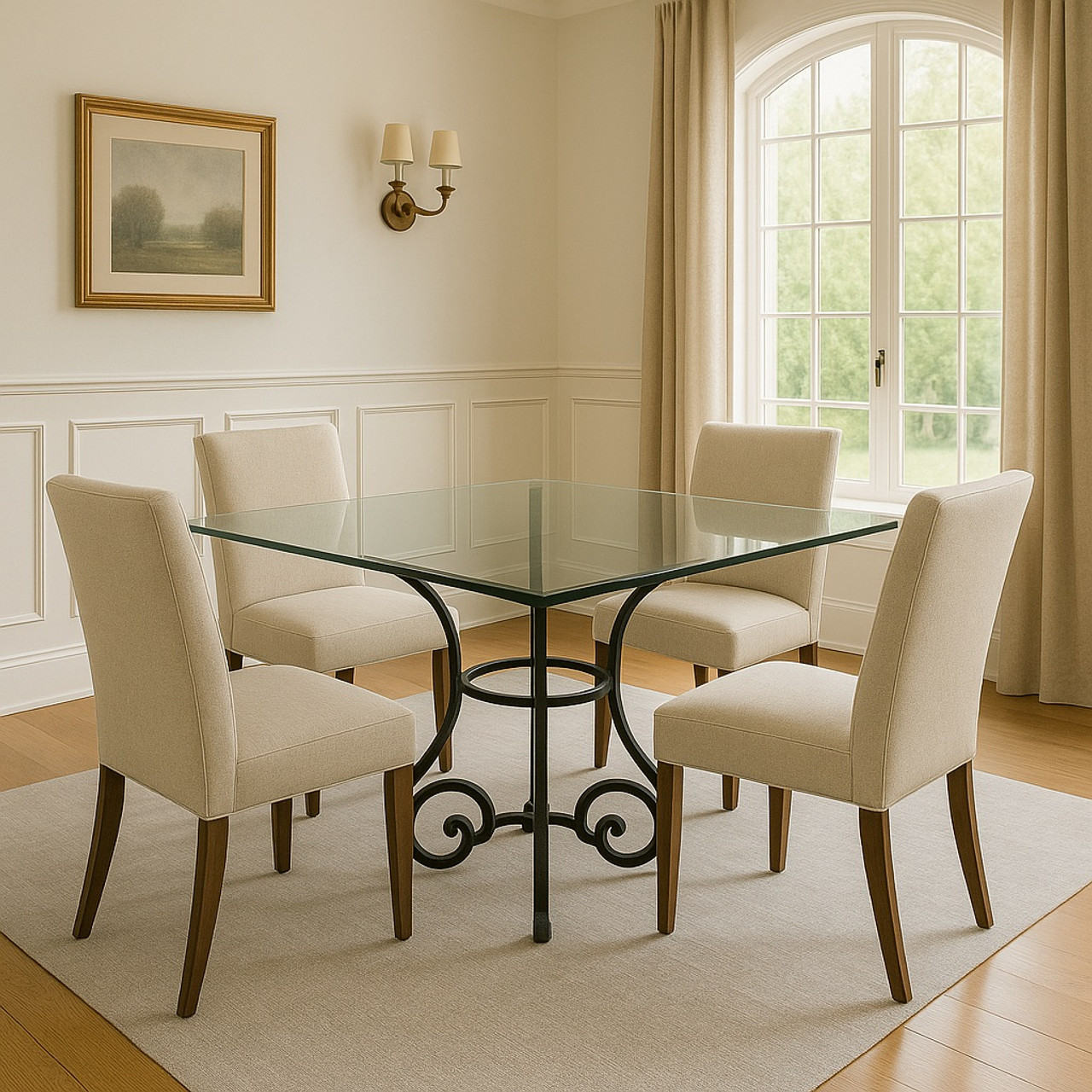 Wrought iron table base in transitional dining room