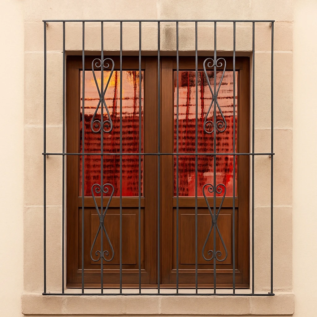 Black wrought iron window guard with scroll top design installed on the window with cantera stone surand