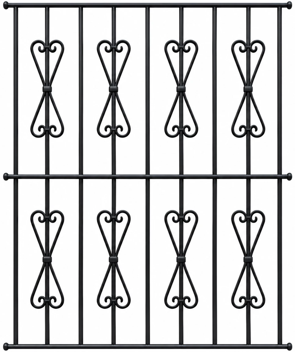 Black wrought iron window guard with scroll top design