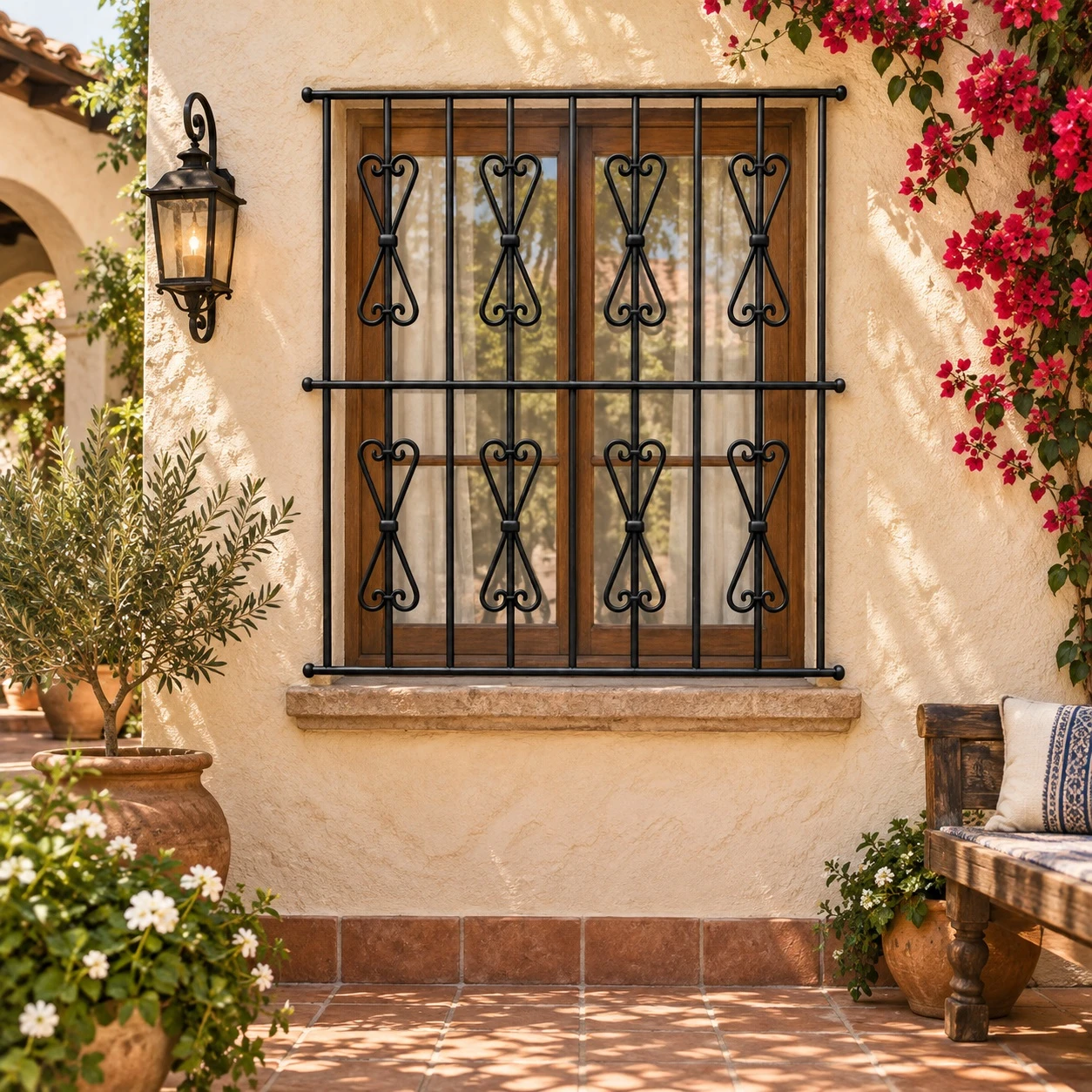 Black wrought iron window guard with scroll top design on a Spanish colonial patio wall