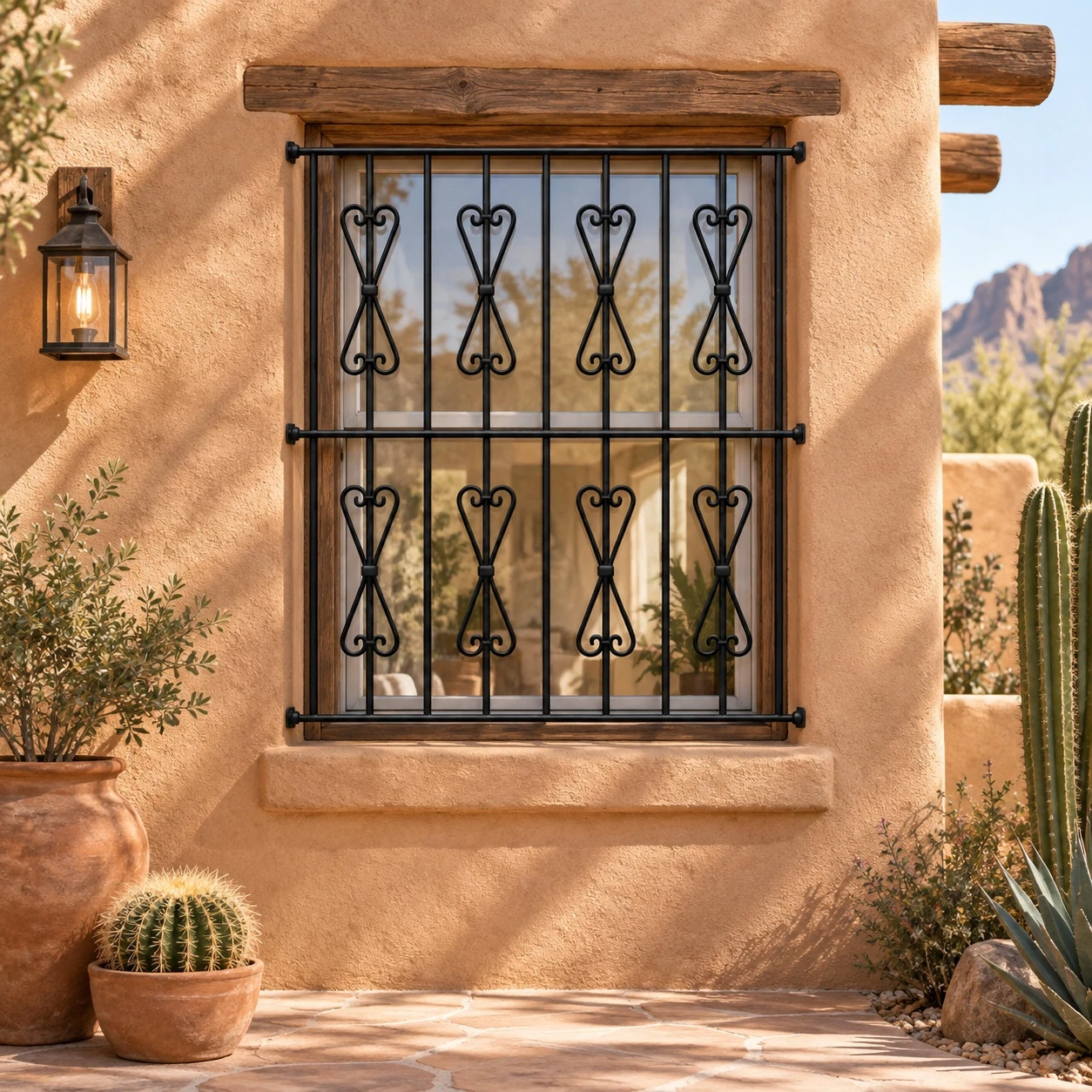 Black wrought iron window guard with scroll top design on a warm desert adobe home