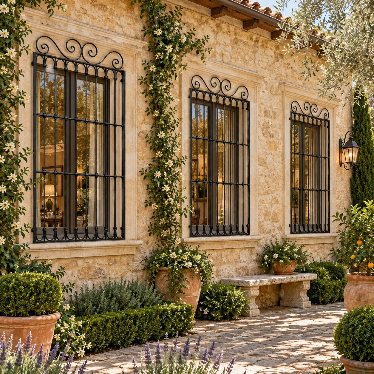 Black wrought iron window guard with scroll crown design on a tuscan garden facade