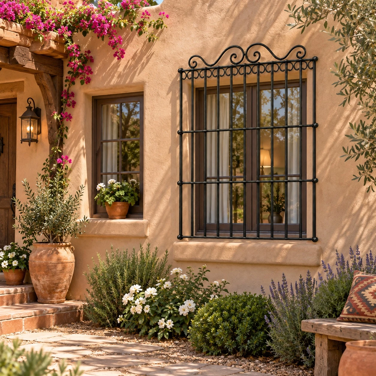 Decorative wrought iron window guard with scroll top on an adobe garden wall with desert plants