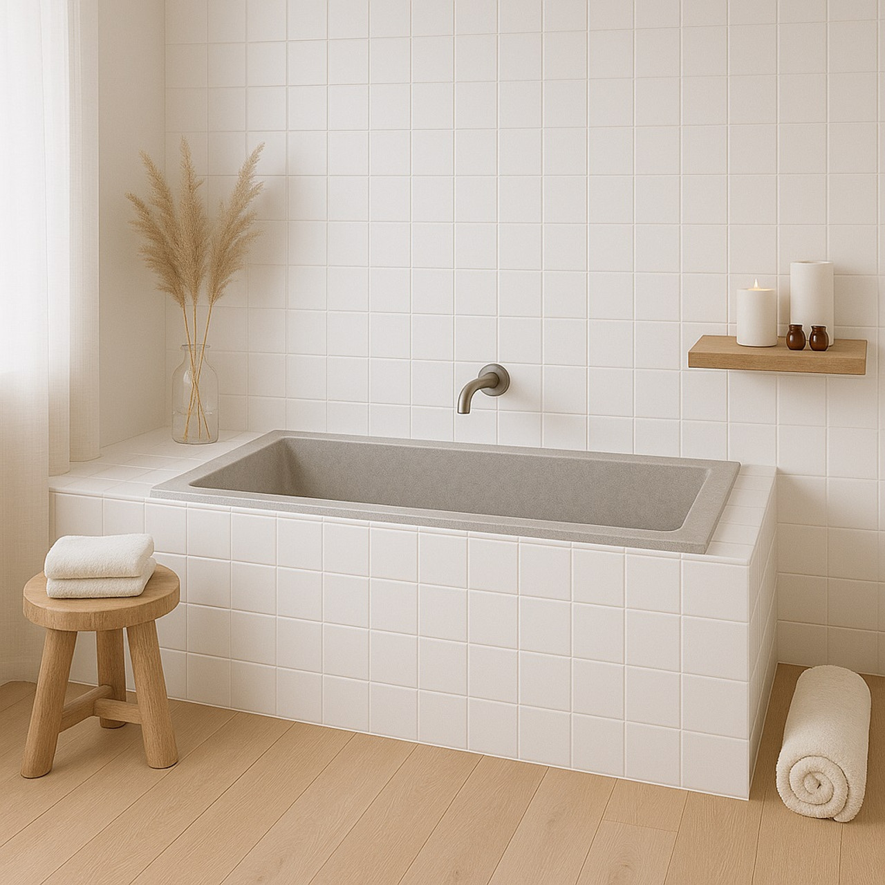 Modern silver drop-in small copper bathtub in a Sandinavian bathroom