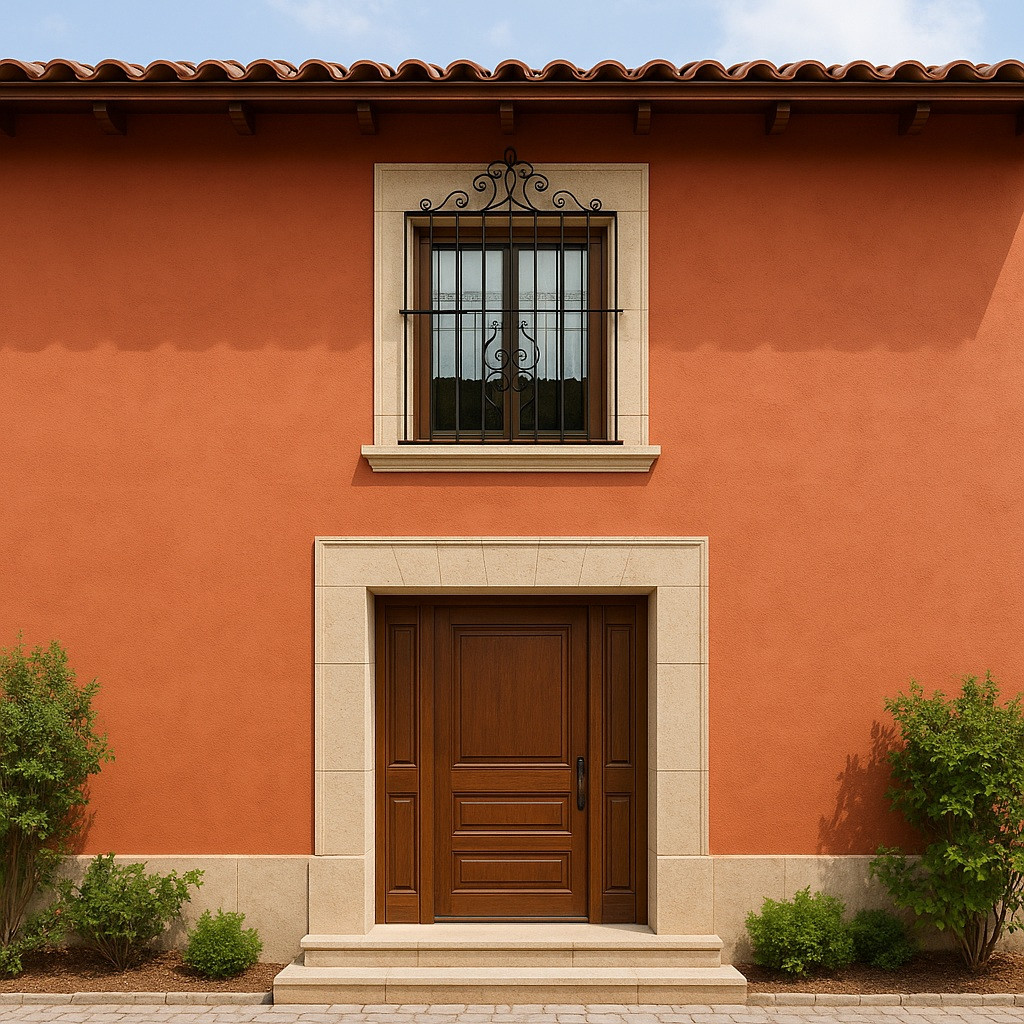Wrought iron door guard with curved crest and heart scrolls on a architectural design facade