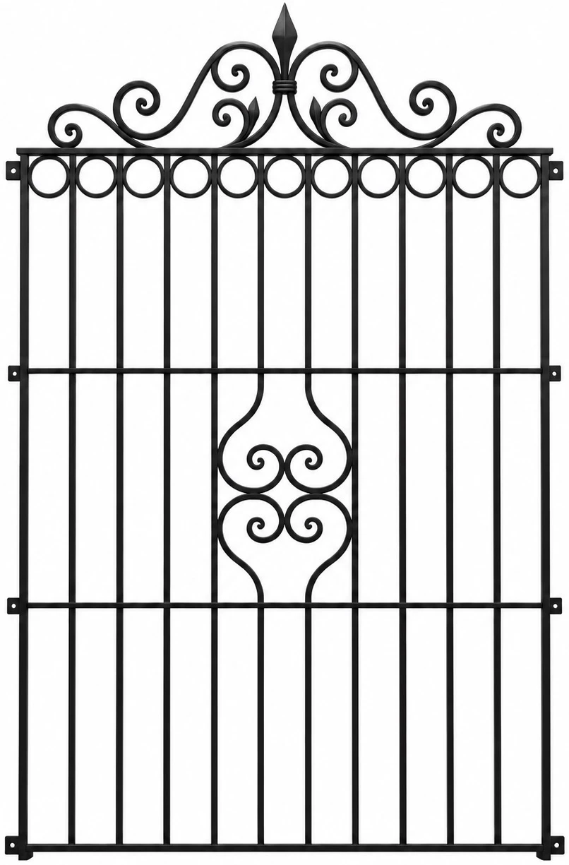 Wrought iron door guard with curved crest and heart scrolls