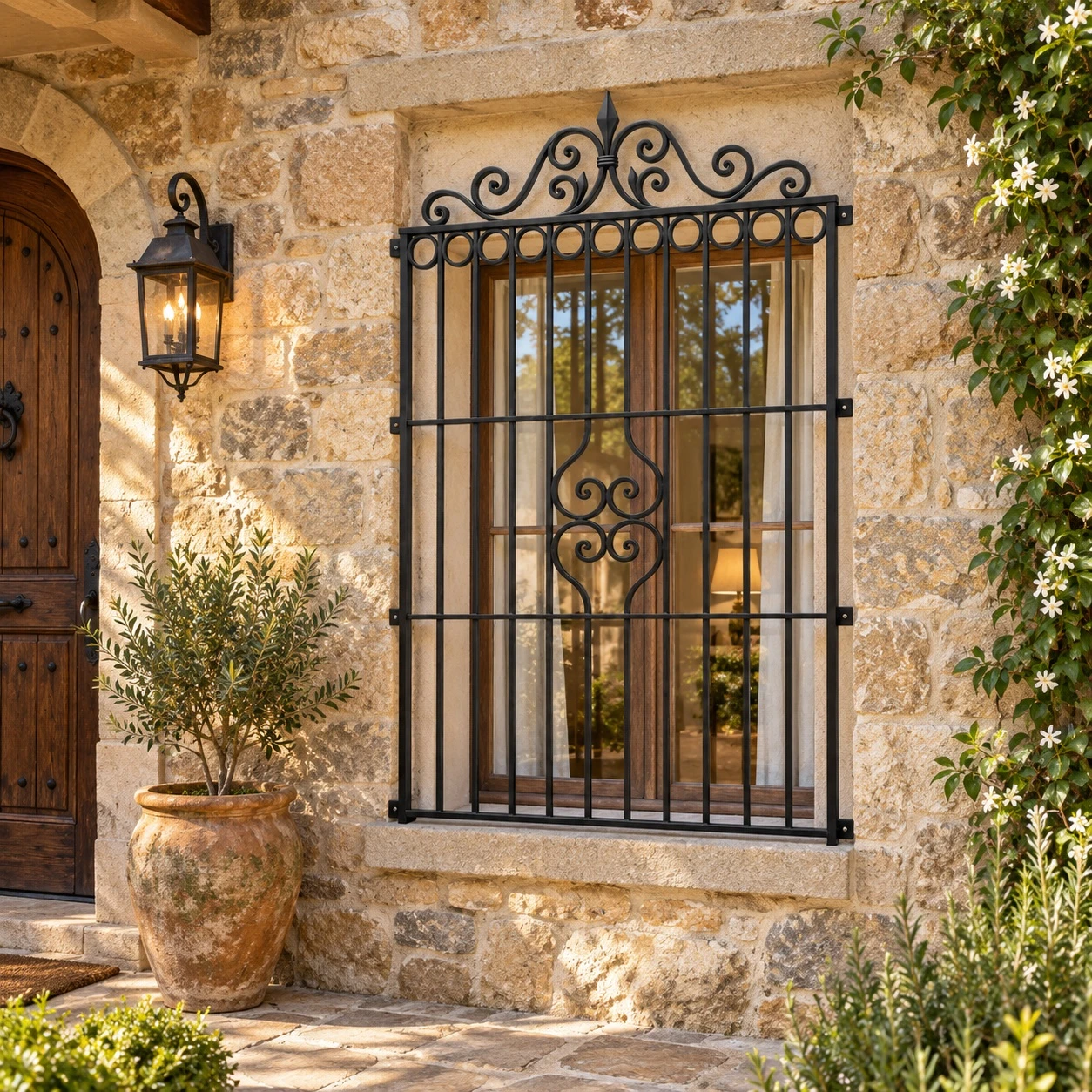 Wrought iron door guard with curved crest and heart scrolls on a rustic stone house entry