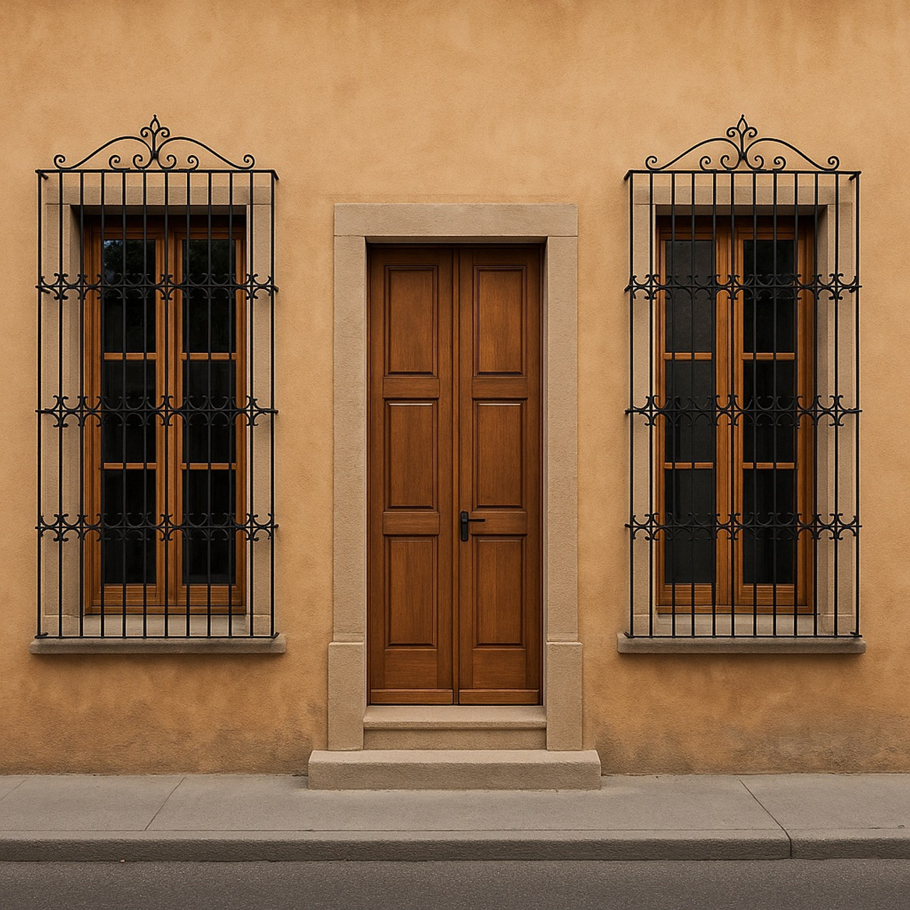 Renaissance wrought iron window guard with a decorative crest merges classical proportion, structure, and artistry into a refined architectural feature