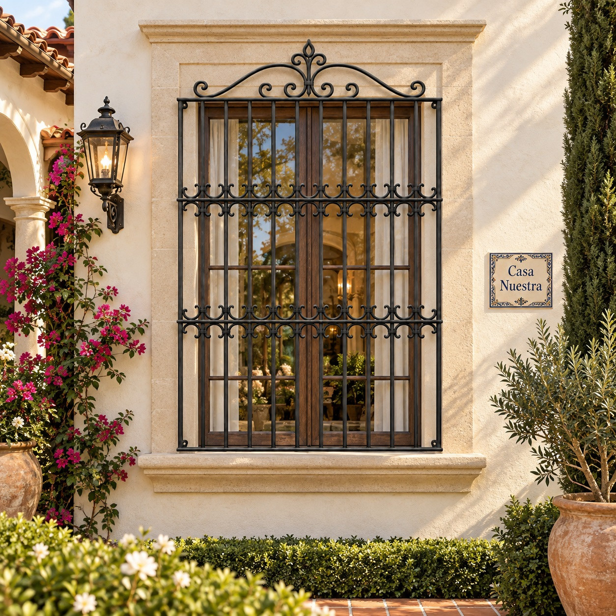 Renaissance wrought iron window guard with decorative crest on a Spanish colonial home