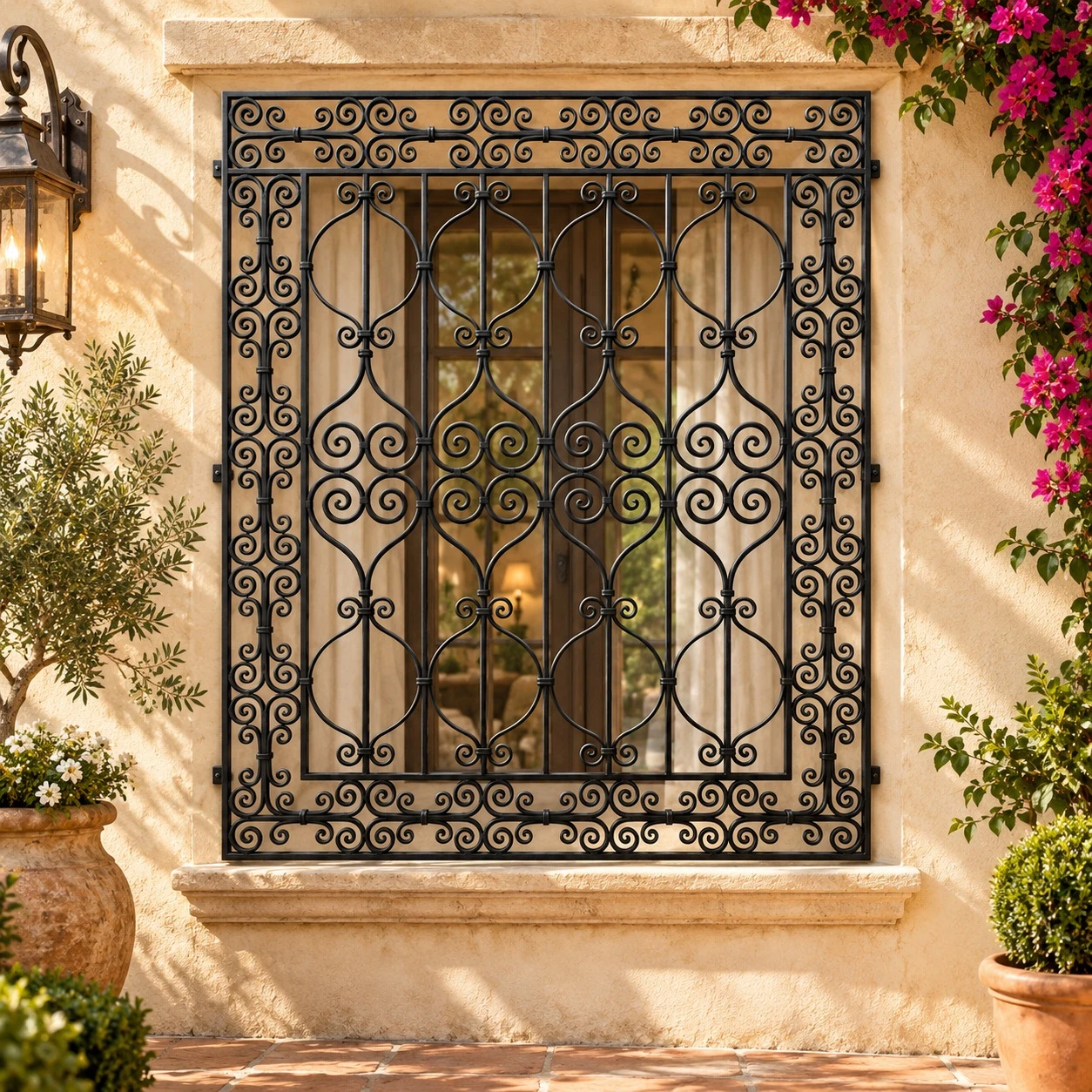 Wrought iron window guard with ornamental scrollwork design on a Spanish hacienda window