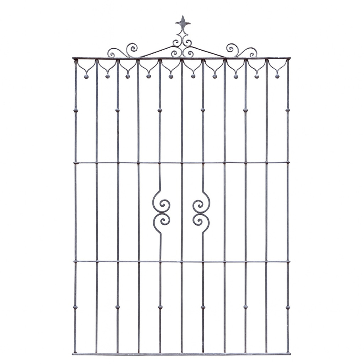 Wrought iron window guard with a decorative crest