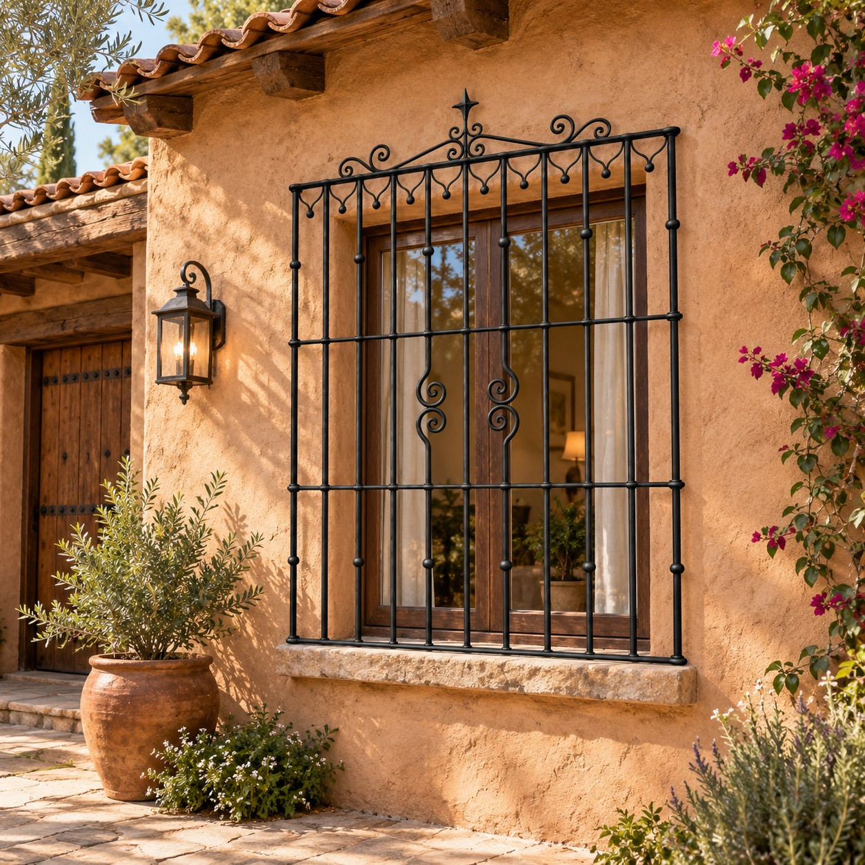 Wrought iron window guard with decorative crest on a rustic adobe home exterior wall