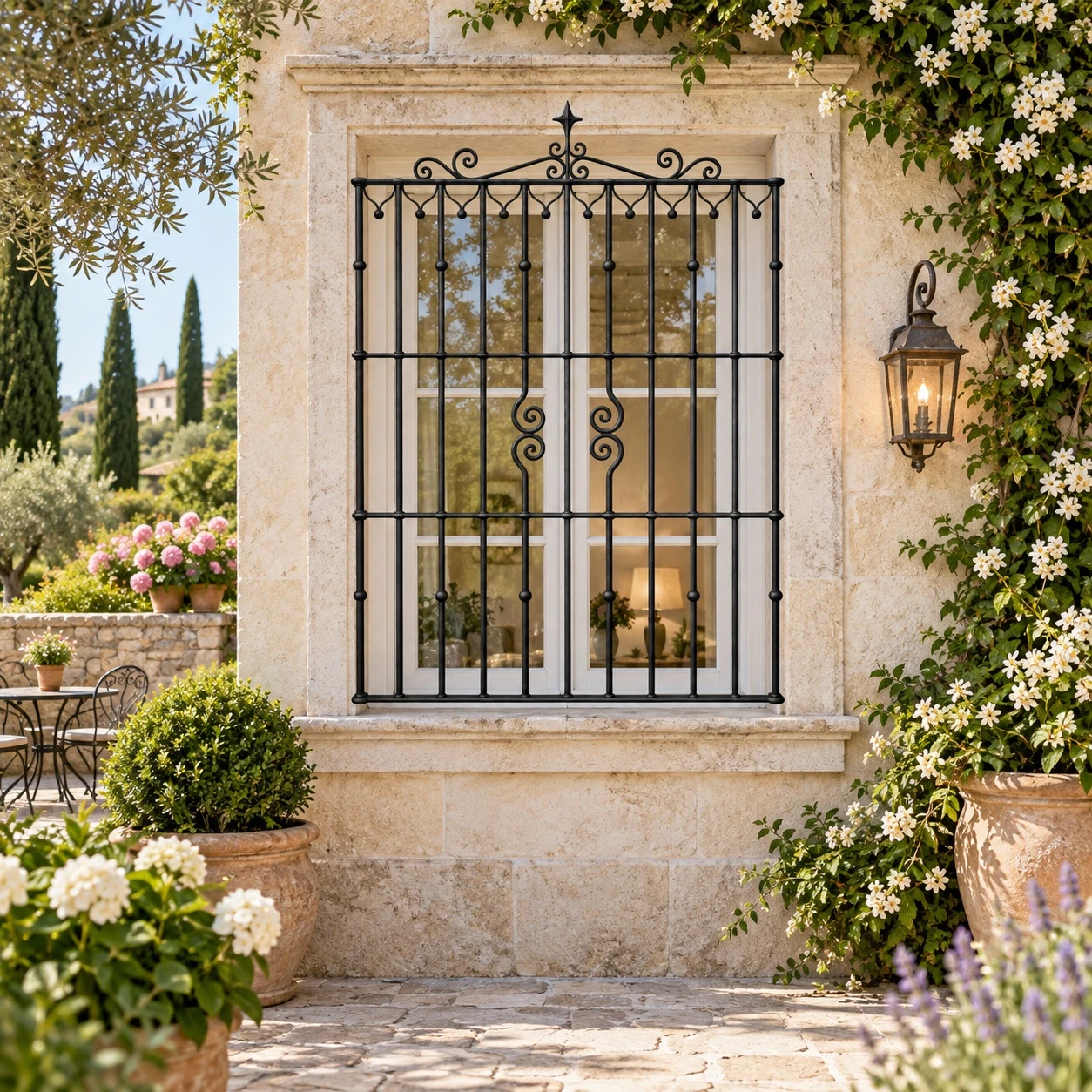Wrought iron window guard with decorative crest on a European garden villa facade