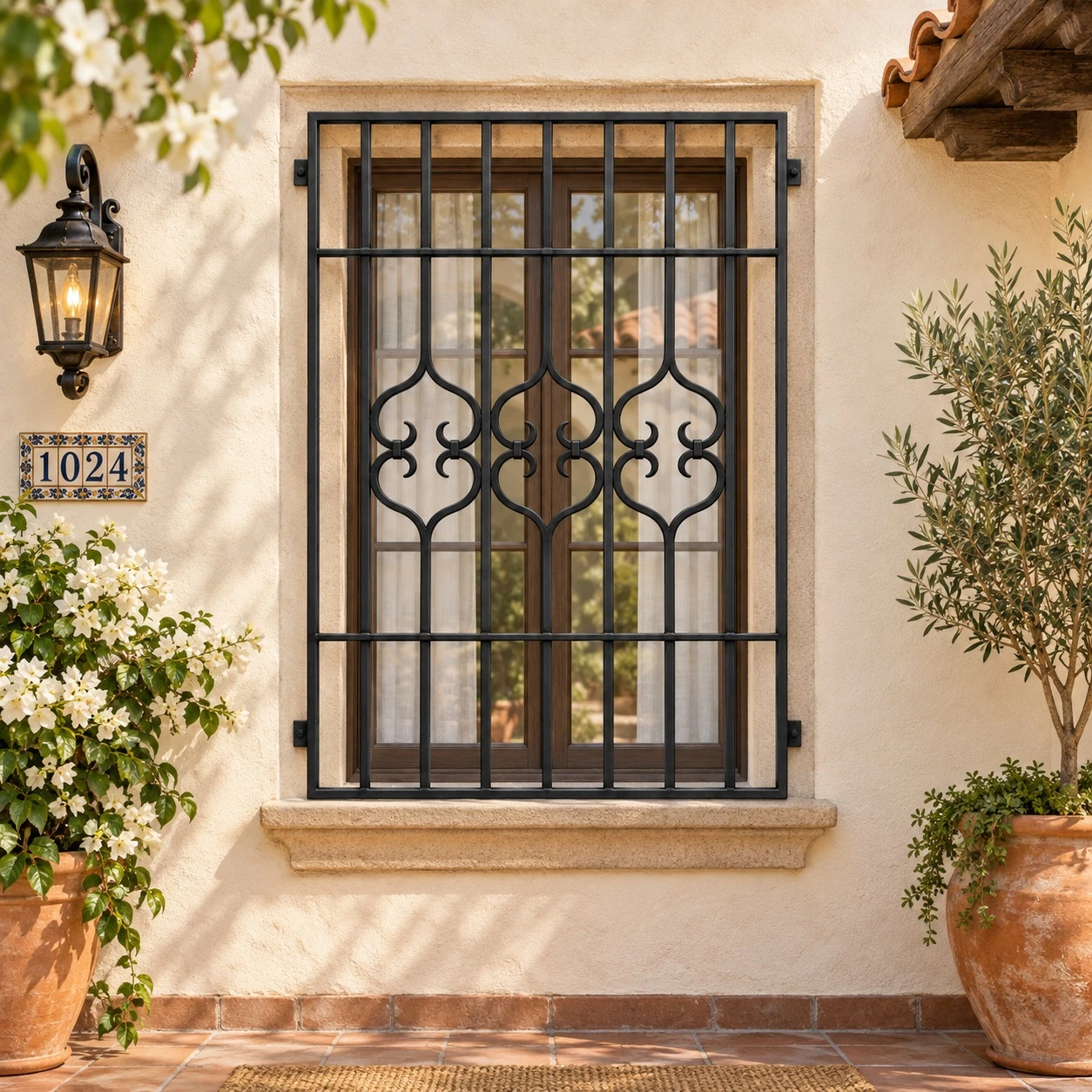 Wrought iron window guard with decorative scrollwork on a Spanish colonial stucco facade