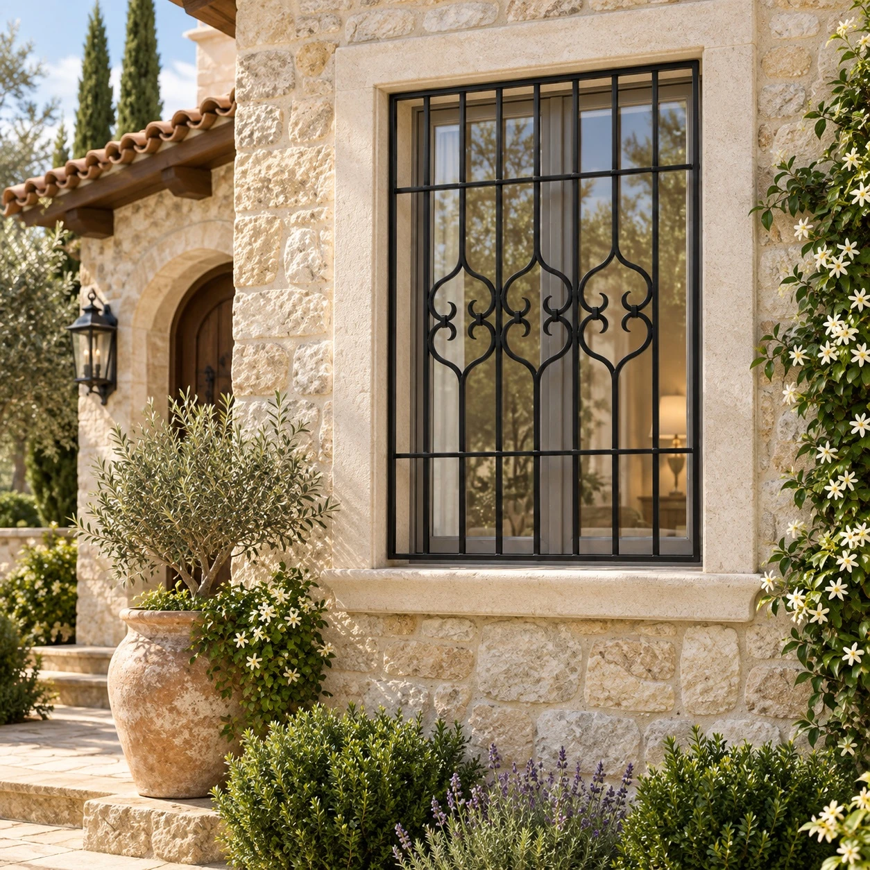 Wrought iron window guard with decorative scrollwork on a Mediterranean stone home