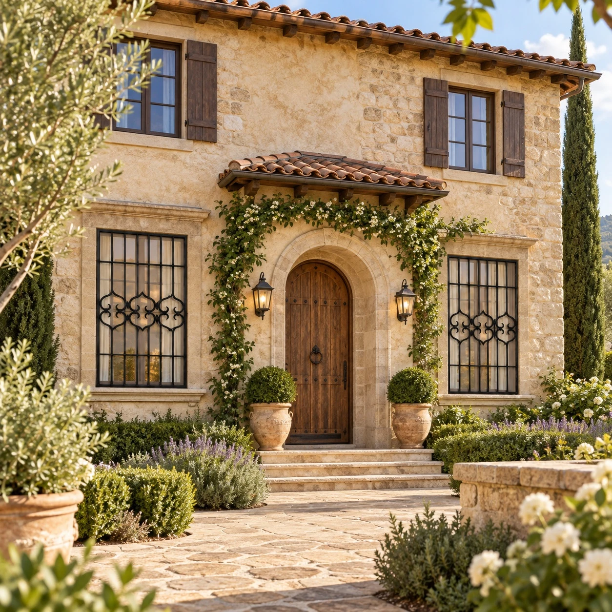 Wrought iron window guard with decorative scrollwork on a Tuscan villa window with stone trim