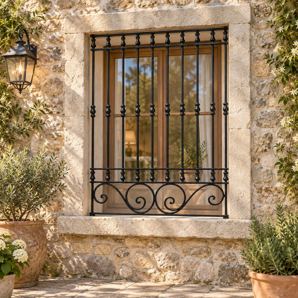 Andalusian house with black wrought iron window guards on a rustic stone house window