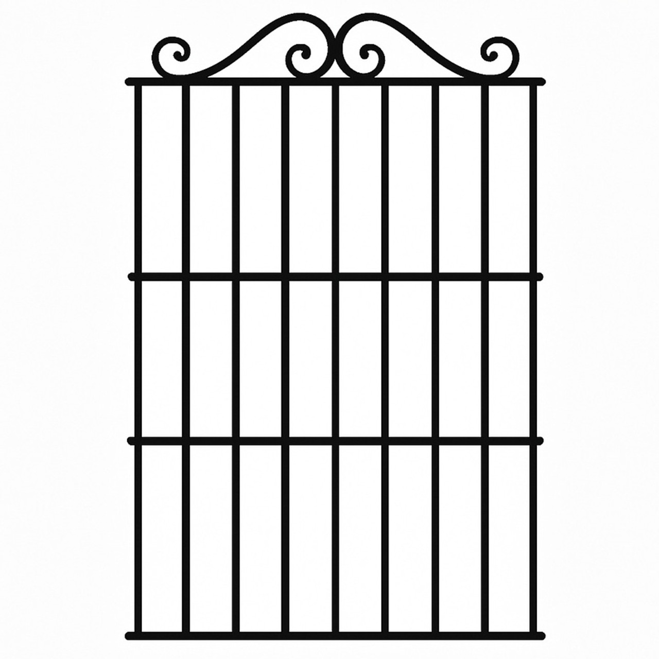 Rectangular wrought iron window guard with a top scrollwork