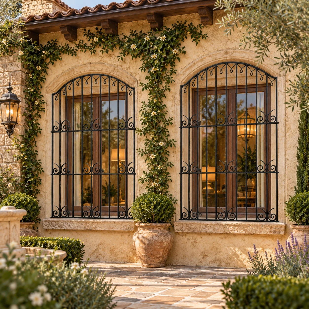 Spanish Revival iron window guard for historic hacienda on a refined Tuscan villa with stone details