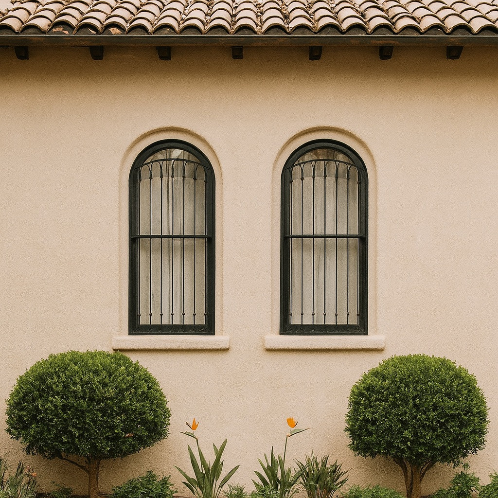 Spanish Revival iron window guard for arched windows installed on two windows of a Mission style house