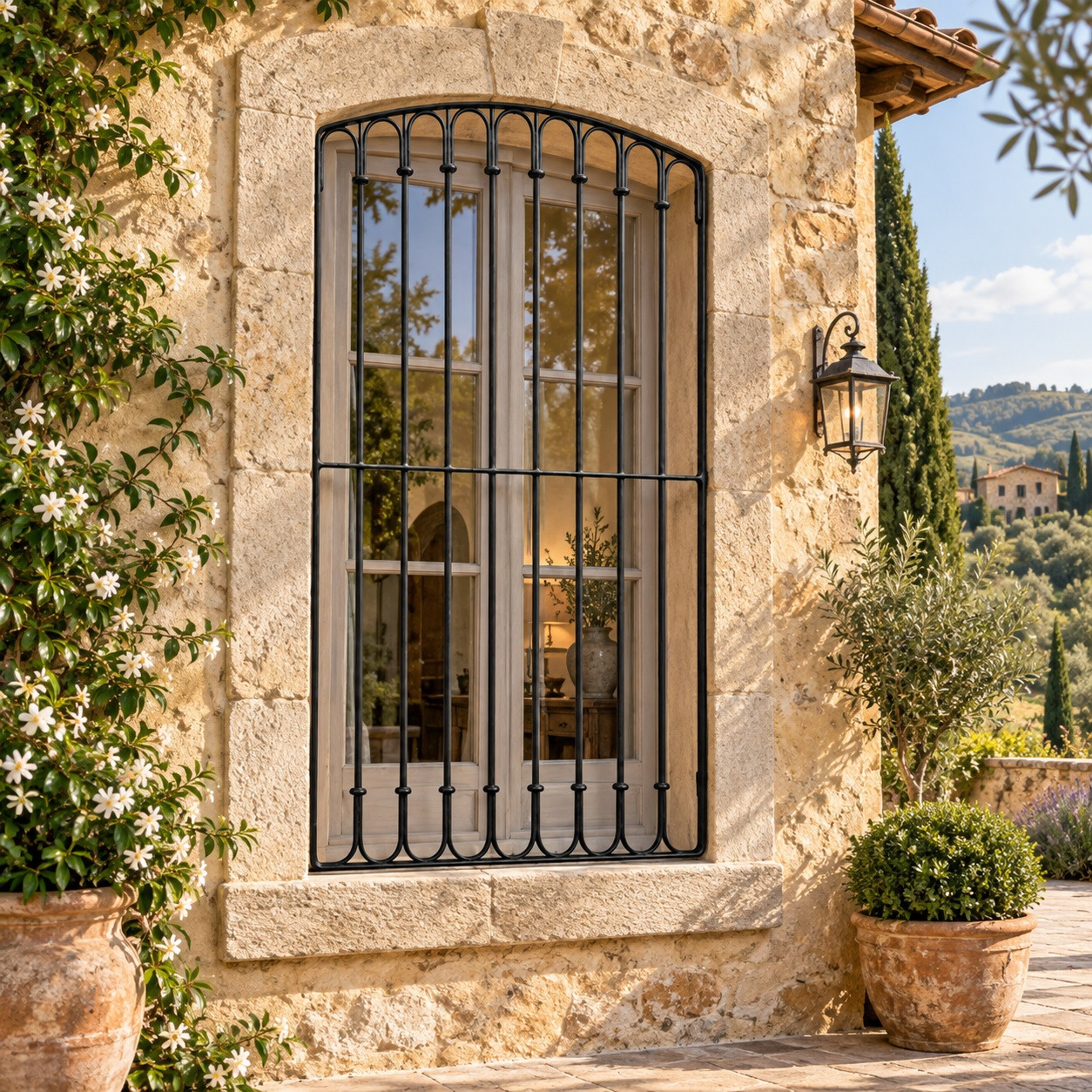 Spanish Revival iron window guards for arched windows on a refined Tuscan villa exterior
