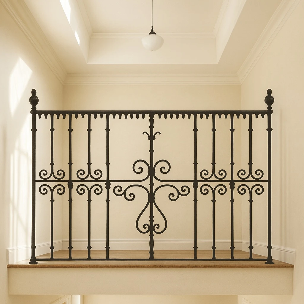 Spanish Colonial wrought iron balcony guard rail installed in the house foyer above a main entrance