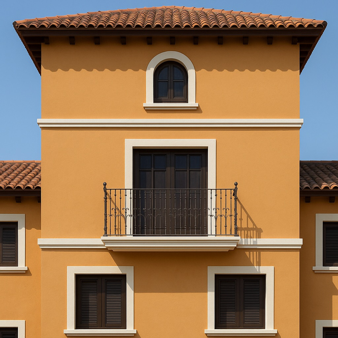 Wrought iron balcony railing with vertical scroll and drop motif decorating a second floor balcony of a large Mexican colonial style house