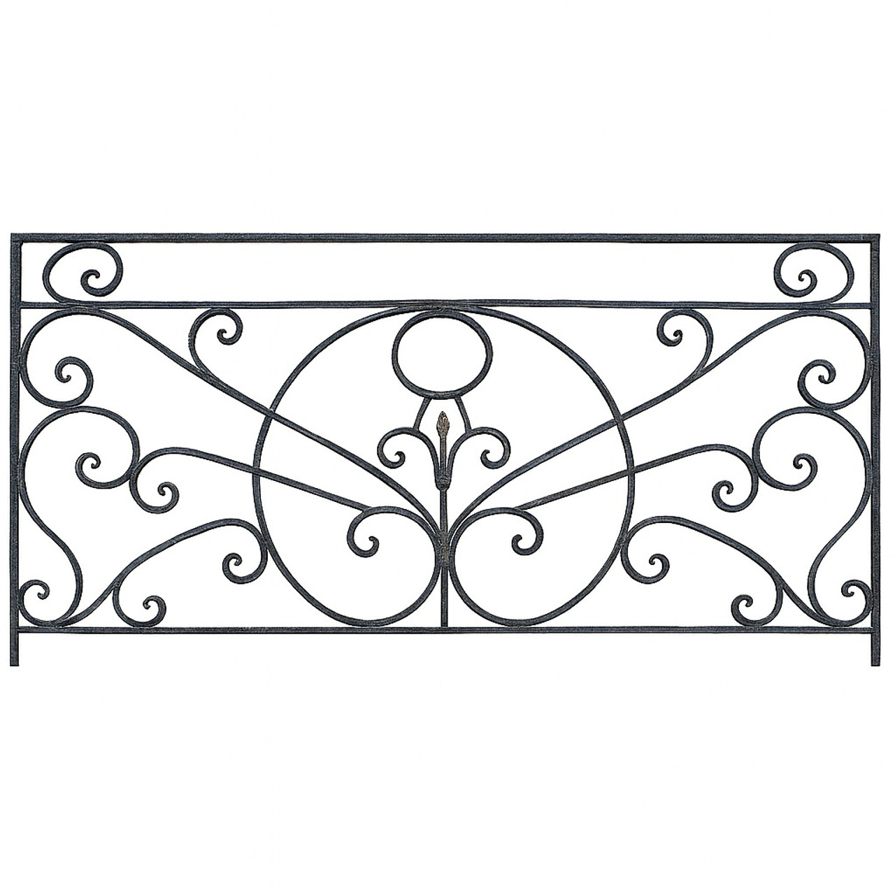 Decorative wrought iron balcony with fancy sunburst and scroll detailing
