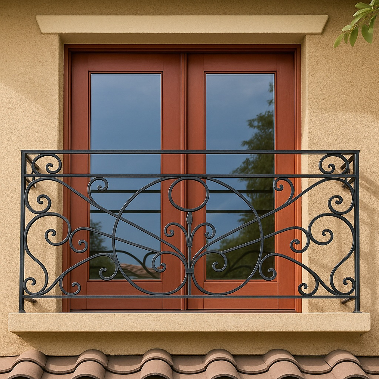 Decorative wrought iron balcony with fancy sunburst and scroll architectural detailing 