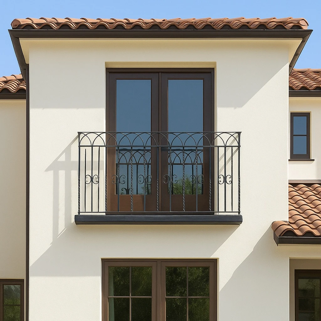 Wrought iron balcony railing with arched and twisted bars, visualization of the balcony installed on a house