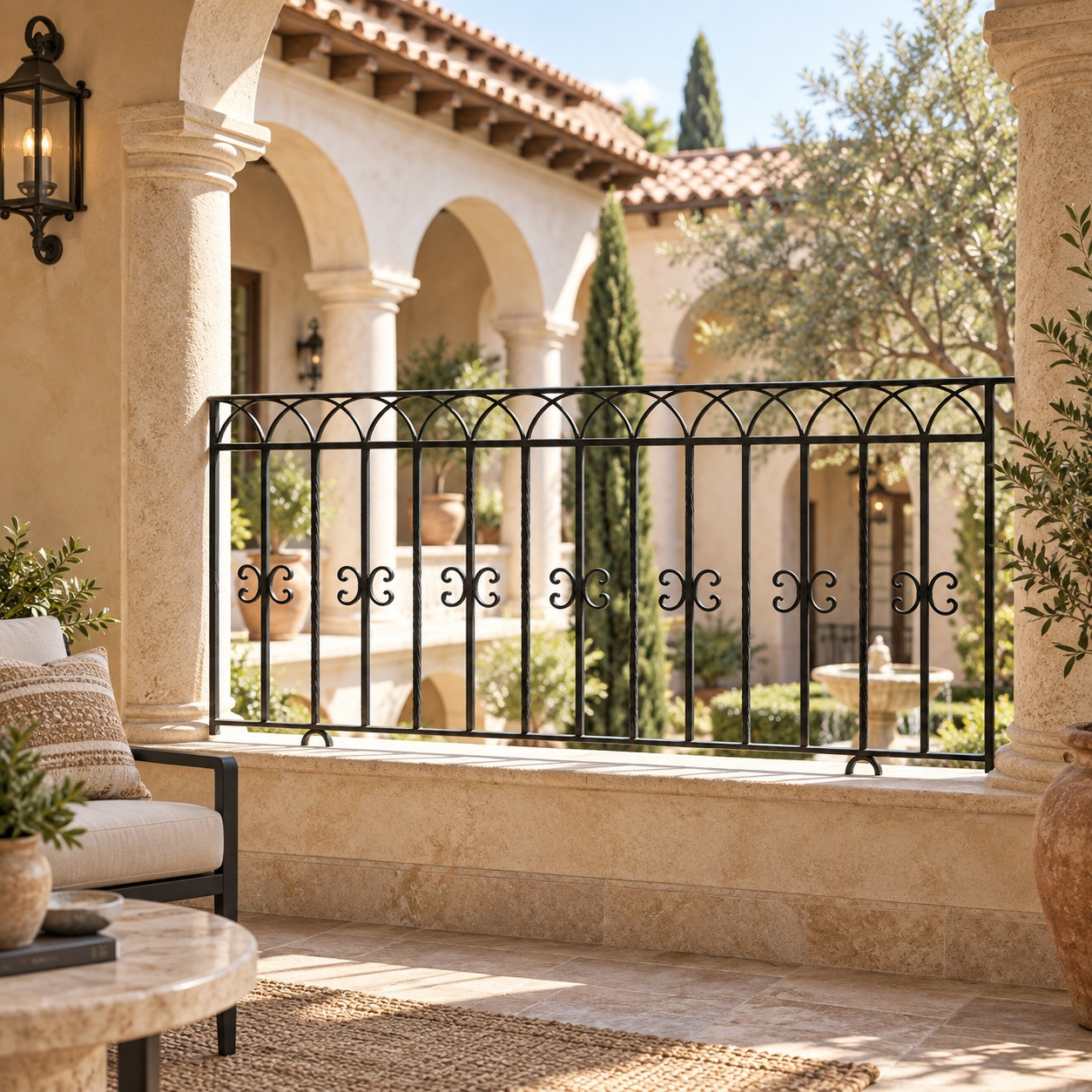 Wrought iron balcony railing with arched and twisted bars along a shaded courtyard loggia
