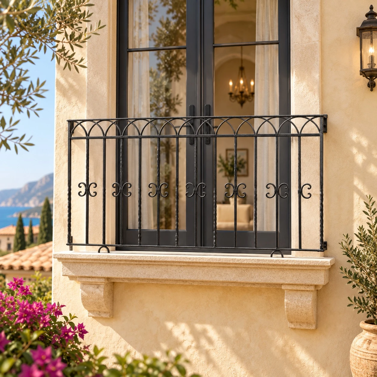 Wrought iron balcony railing with arched and twisted bars on a sunlit Mediterranean stucco facade