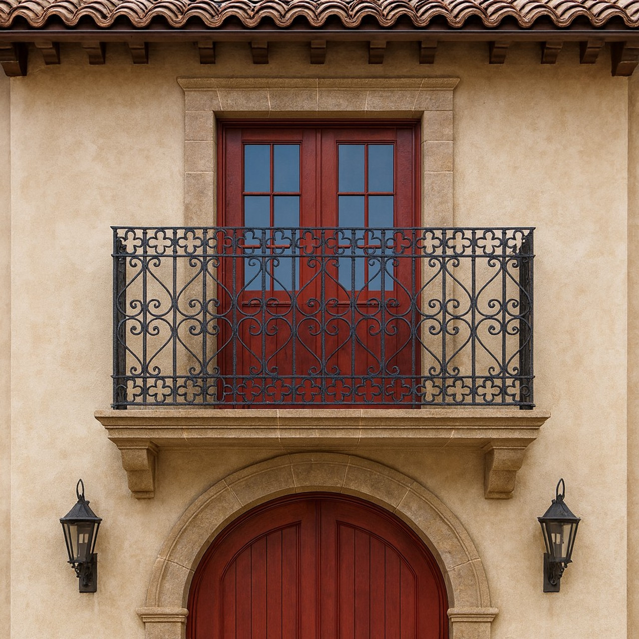 Spanish Revival wrought iron balcony guard railing installed on a hacienda style house above its main entry