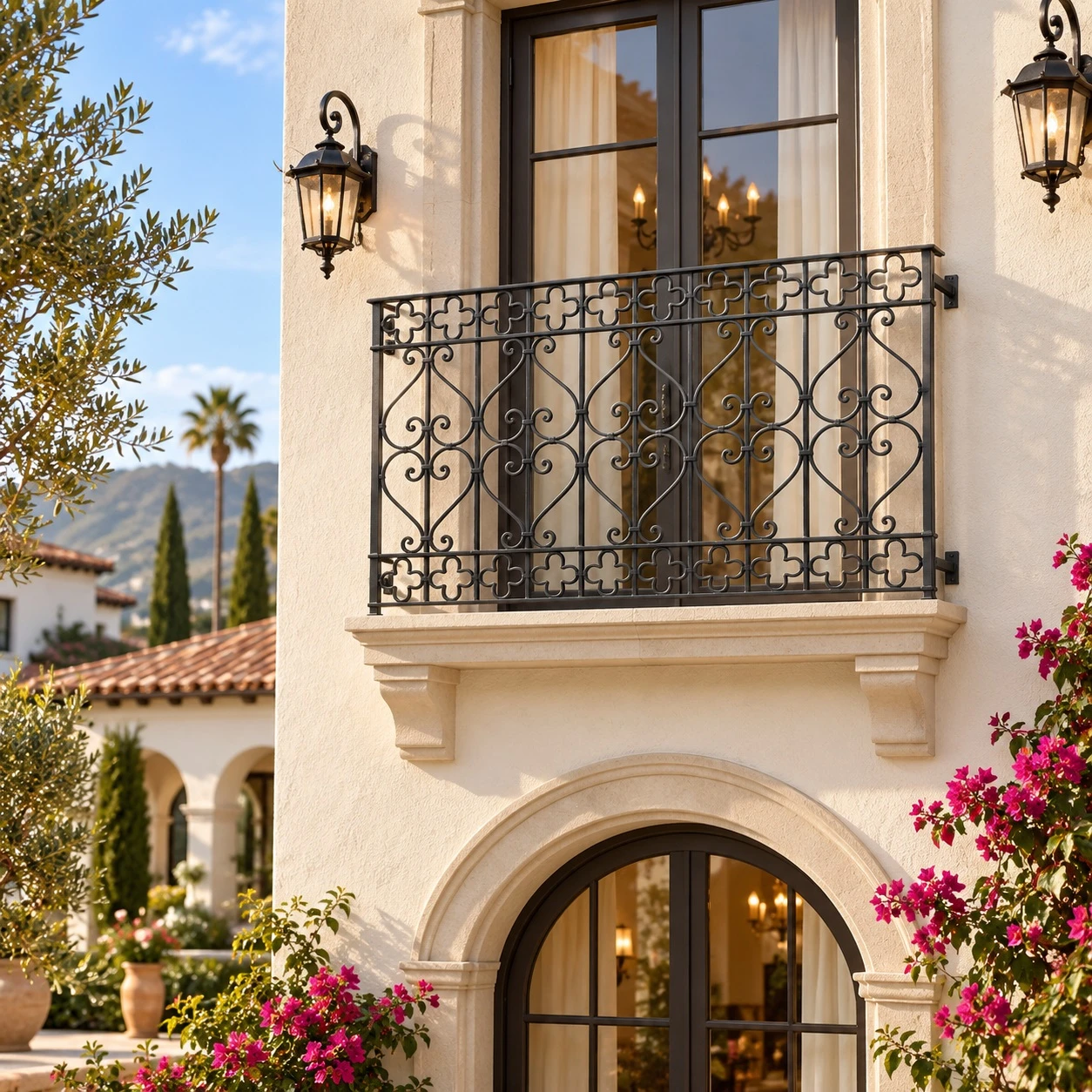 Spanish Revival wrought iron balcony guard railing featured on a boutique hotel exterior facade