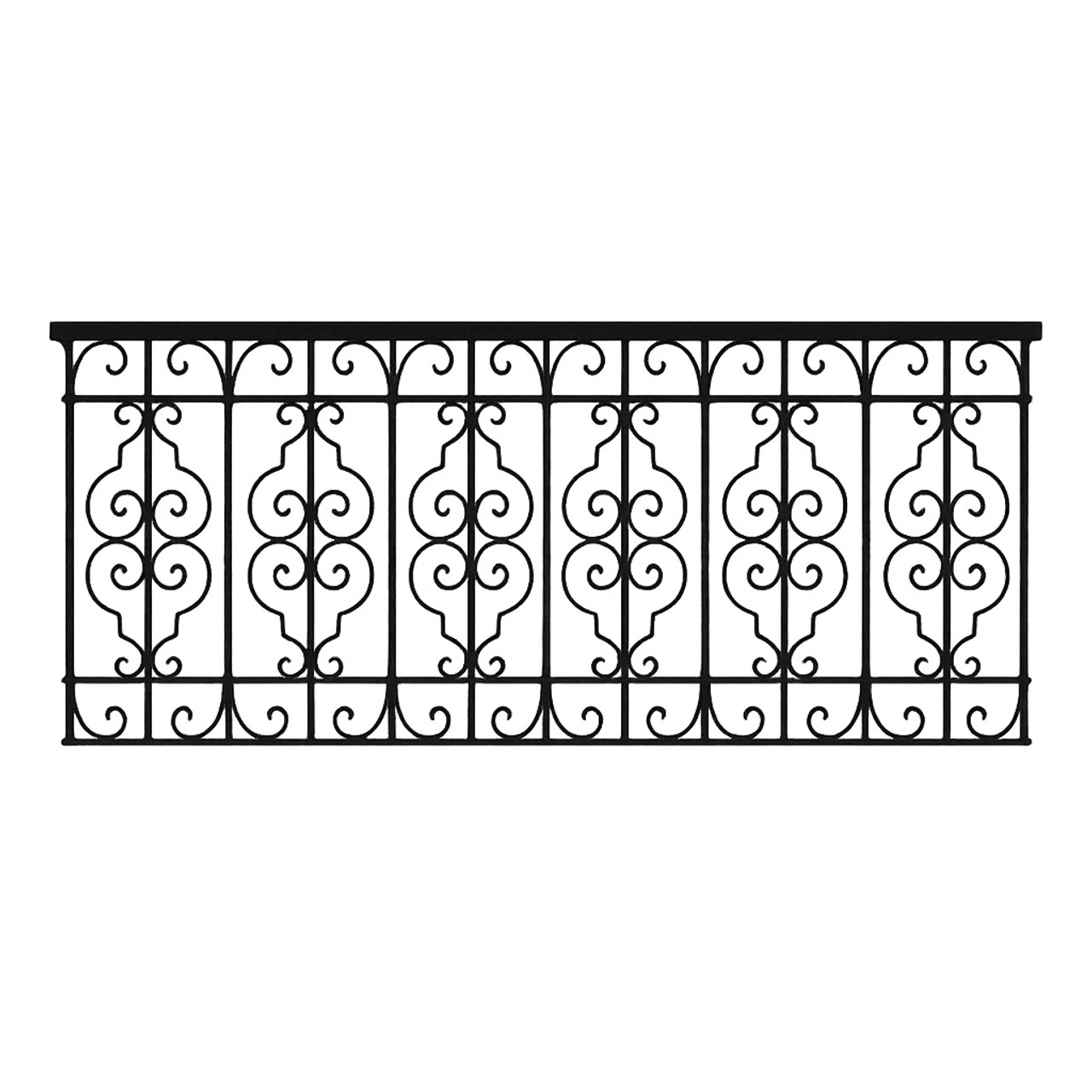 Black wrought iron balcony railing with symmetrical C-scroll motifs and continuous top rail, handcrafted in Spanish Colonial style
