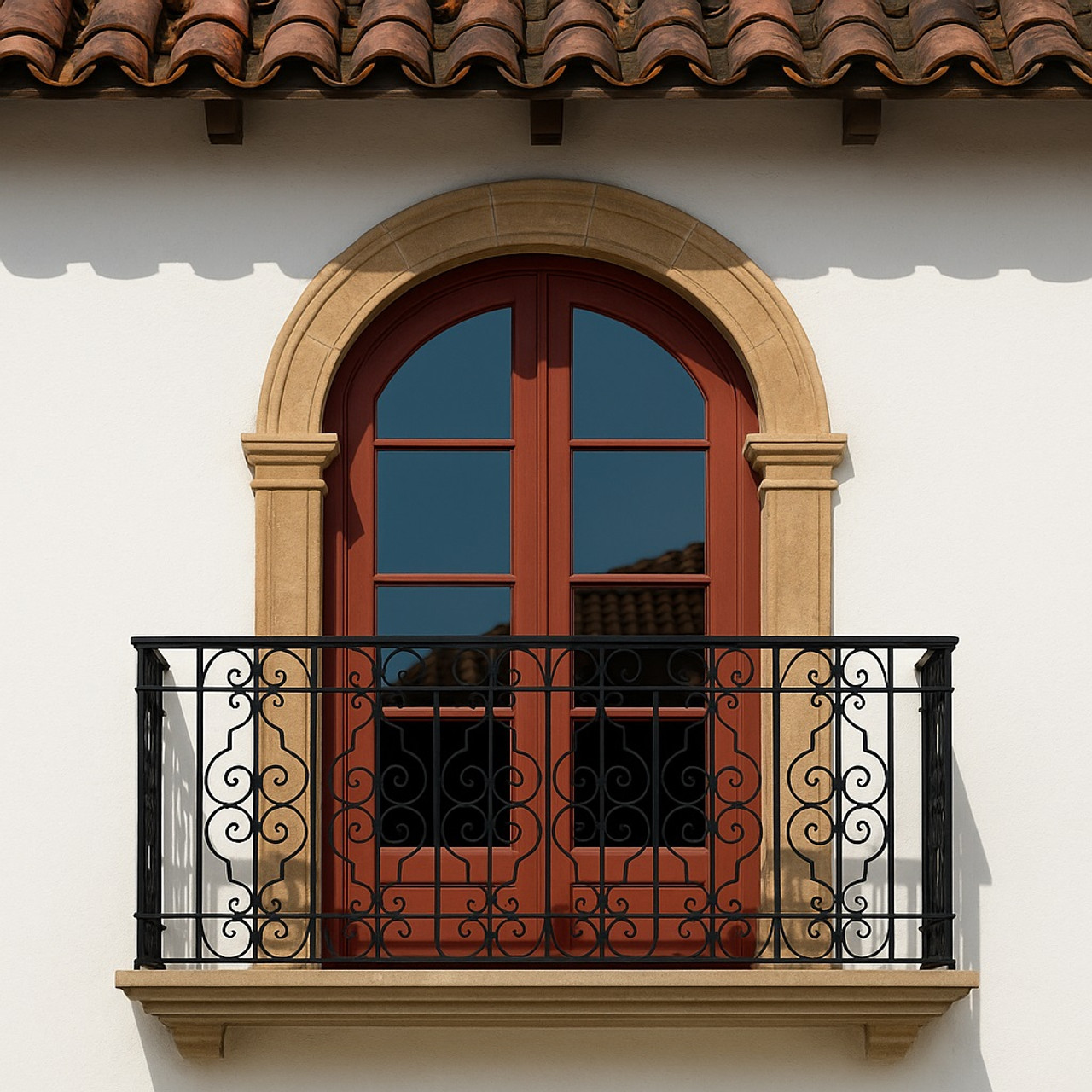 Spanish Colonial house façade featuring a black wrought iron balcony railing with elegant C-scroll scrollwork and handcrafted detailing