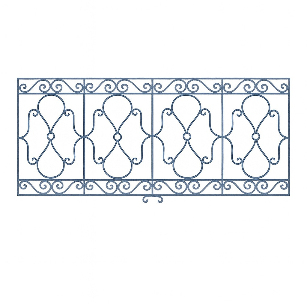 Wrought iron balcony railing with circular spiral motifs