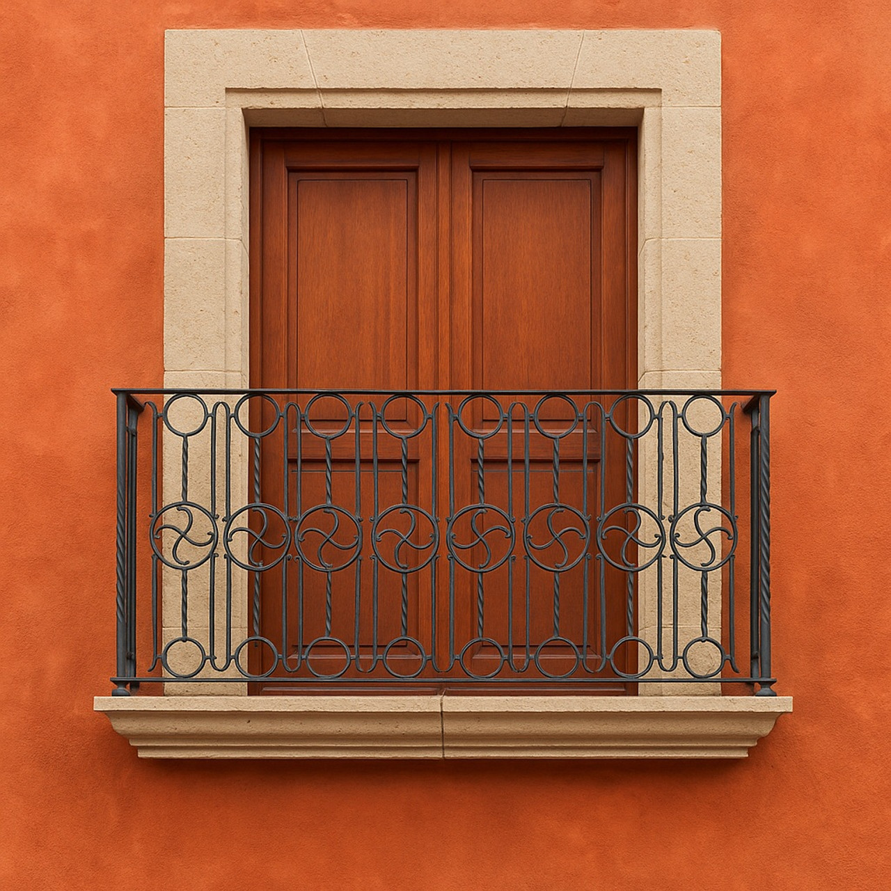 Wrought iron balcony railing with a circular spiral motif installed on a Hacienda style house