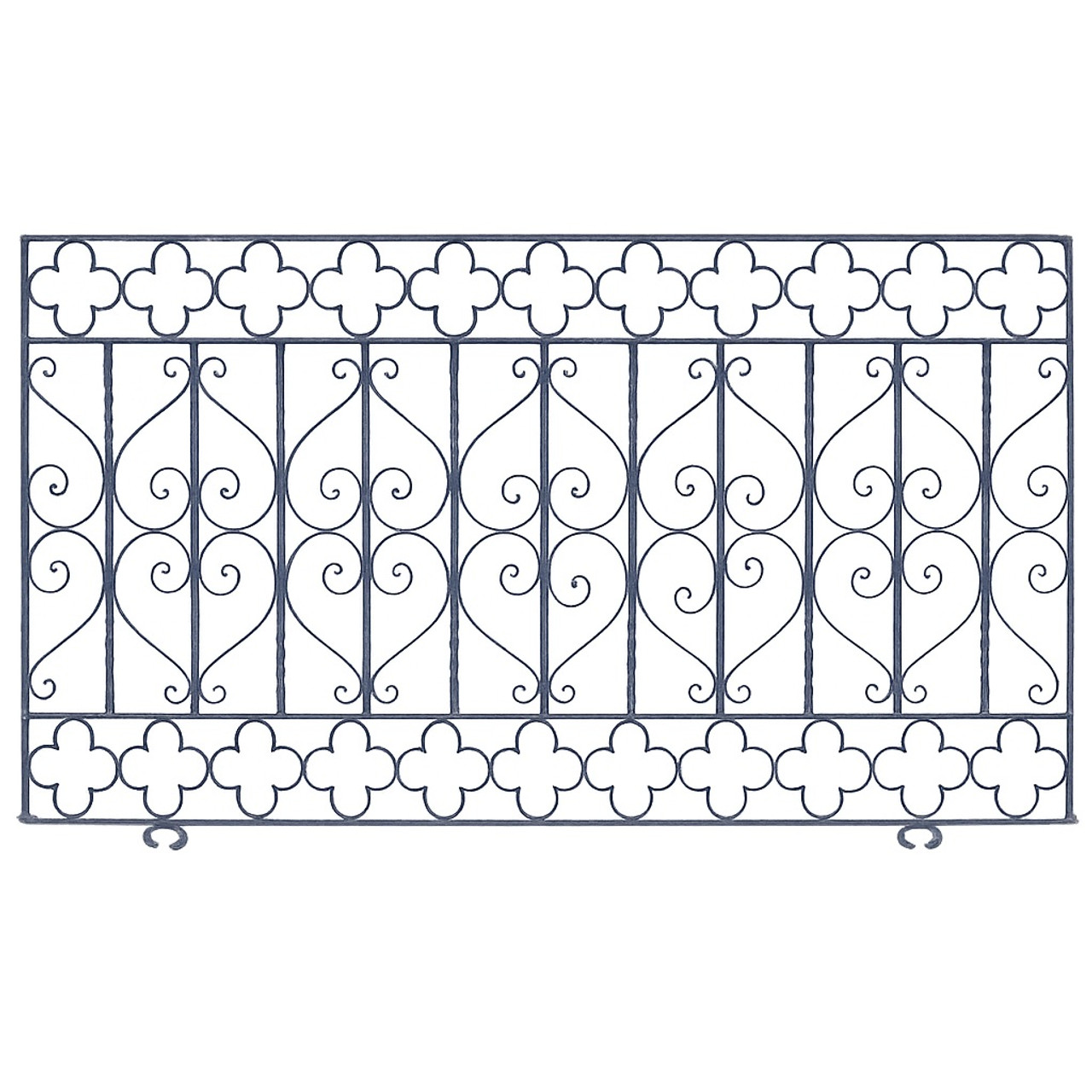 Wrought iron balcony railing with a quatrefoil and scroll design