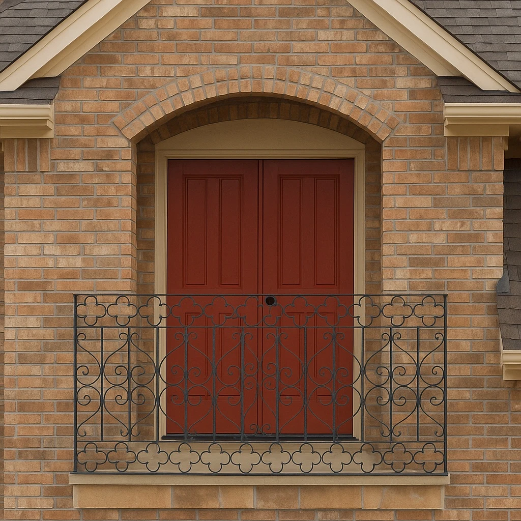 Wrought iron balcony railing with a quatrefoil and scroll design installed on a Texas suburban house second floor