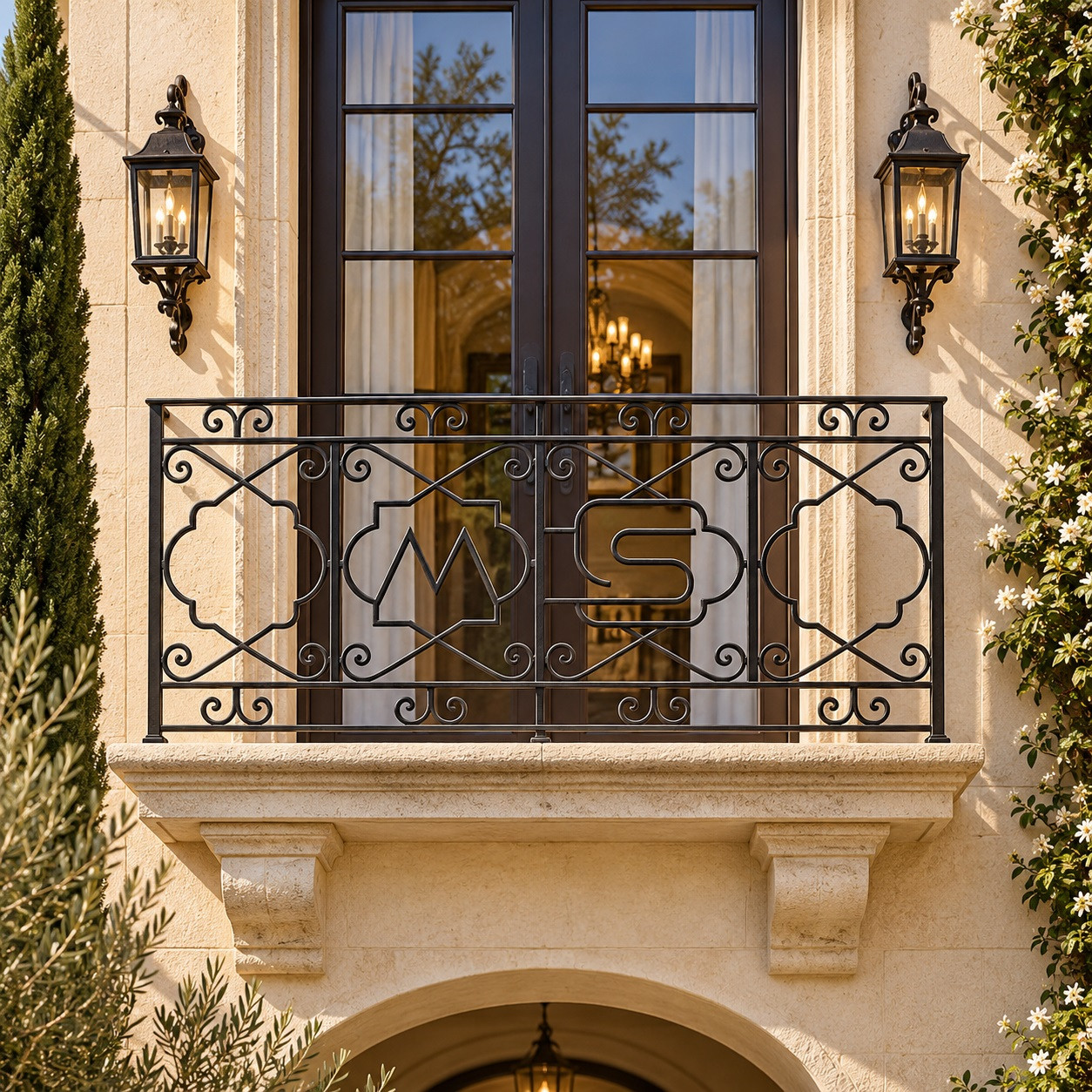 Wrought iron balcony railing in Spanish colonial design with your Initials on luxury estate