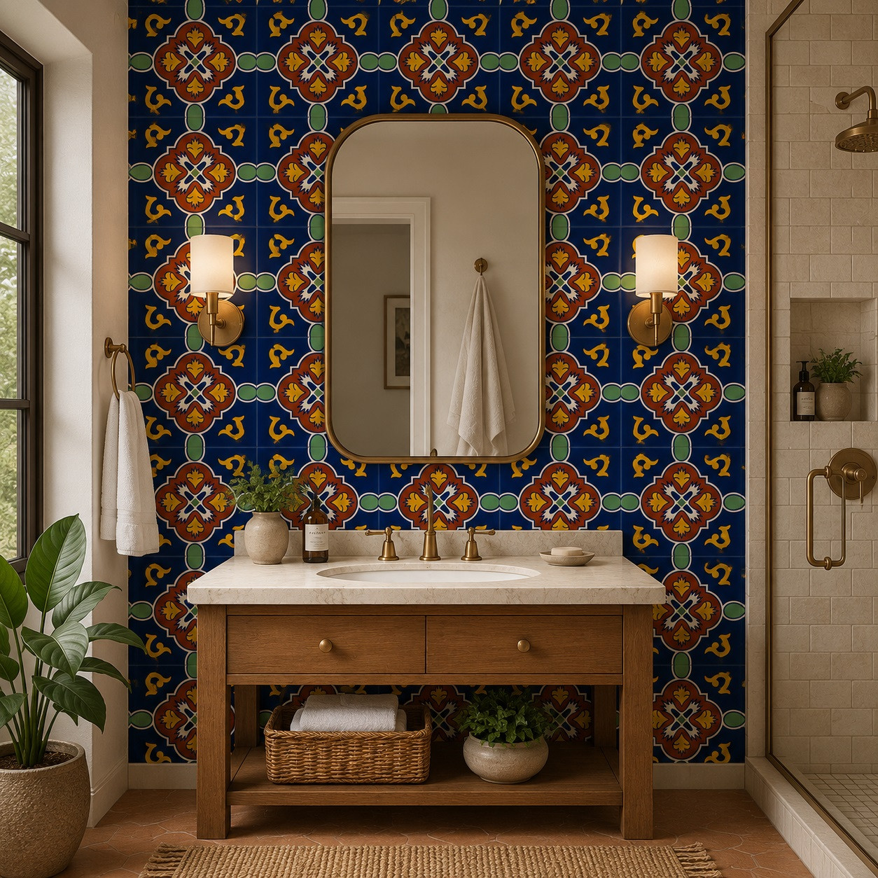 Mexican talavera tile wtih blue and yellow medallion pattern used as a colorful ceramic wall feature in bathroom
